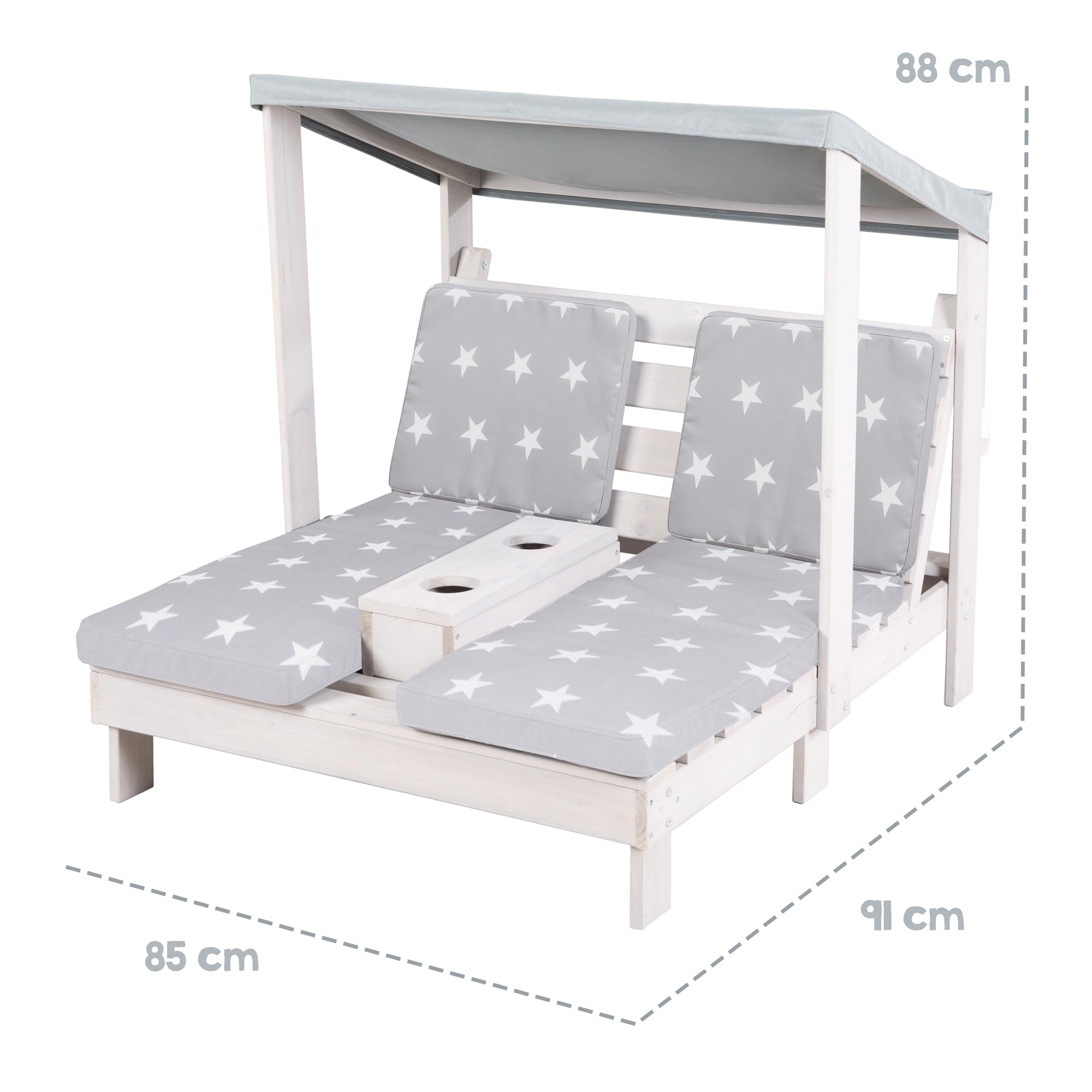 roba Double Chaise Longue pour Enfants avec Coussins Little Stars Déhoussables - Porte Gobelet et Pare-Soleil - Supporte Jusqu'à 100 kg - Bois Gris Résistant aux Intempéries