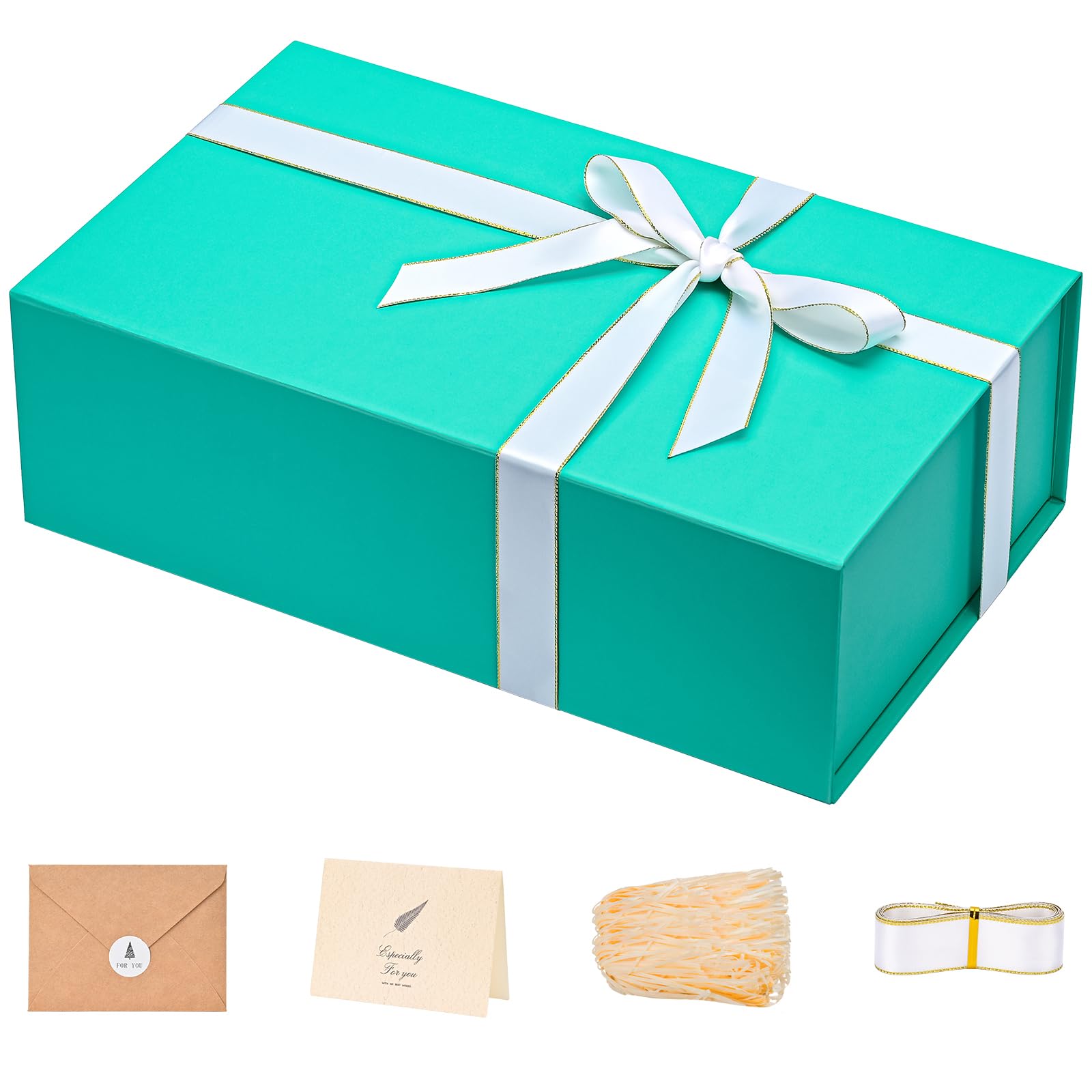 LIFELUM Green Blue Gift Box 13.85 x 8.35 x 4.45 inch, 1 Pack Big Gift Box with Magnetic Lid for Presents, Bridesmaid Proposal Boxes Contains Ribbon, Card,Shredded Paper Filler