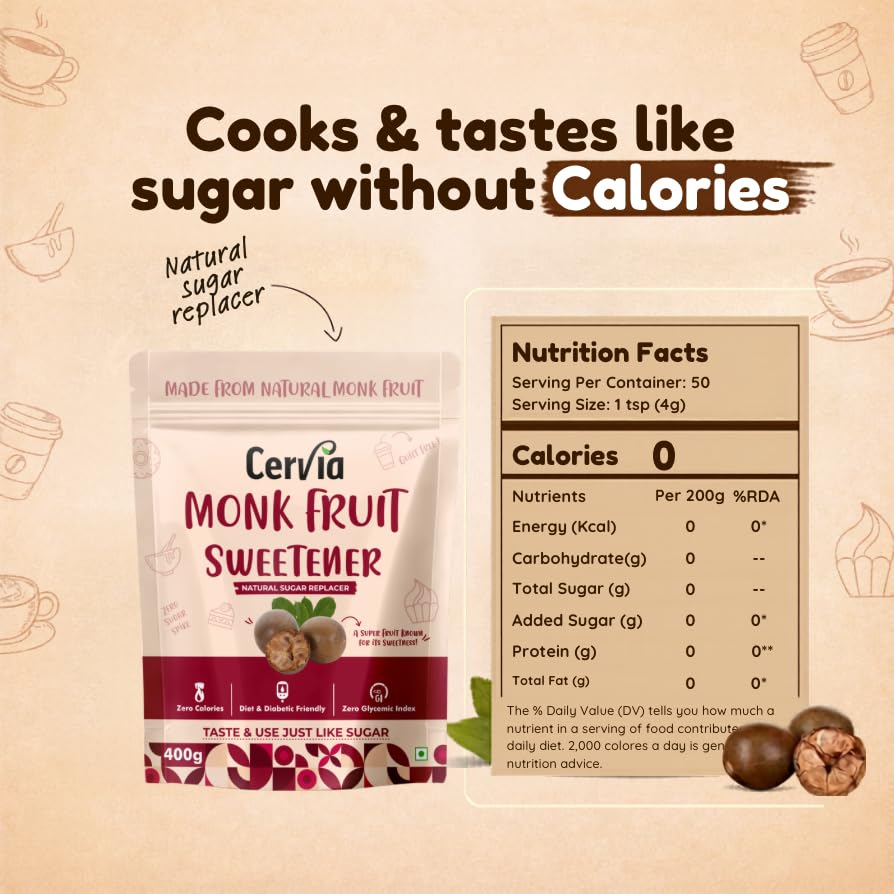 Image of Cervia Monk Fruit Natural Sweetener 400g | 100% Natural Sugar Replacement | Zero Calories | Zero Glycemic Index | No Blood Sugar Spike | Diabetic & Keto Friendly | No Bitter Aftertaste | For Tea, Coffee & Cooking (400)