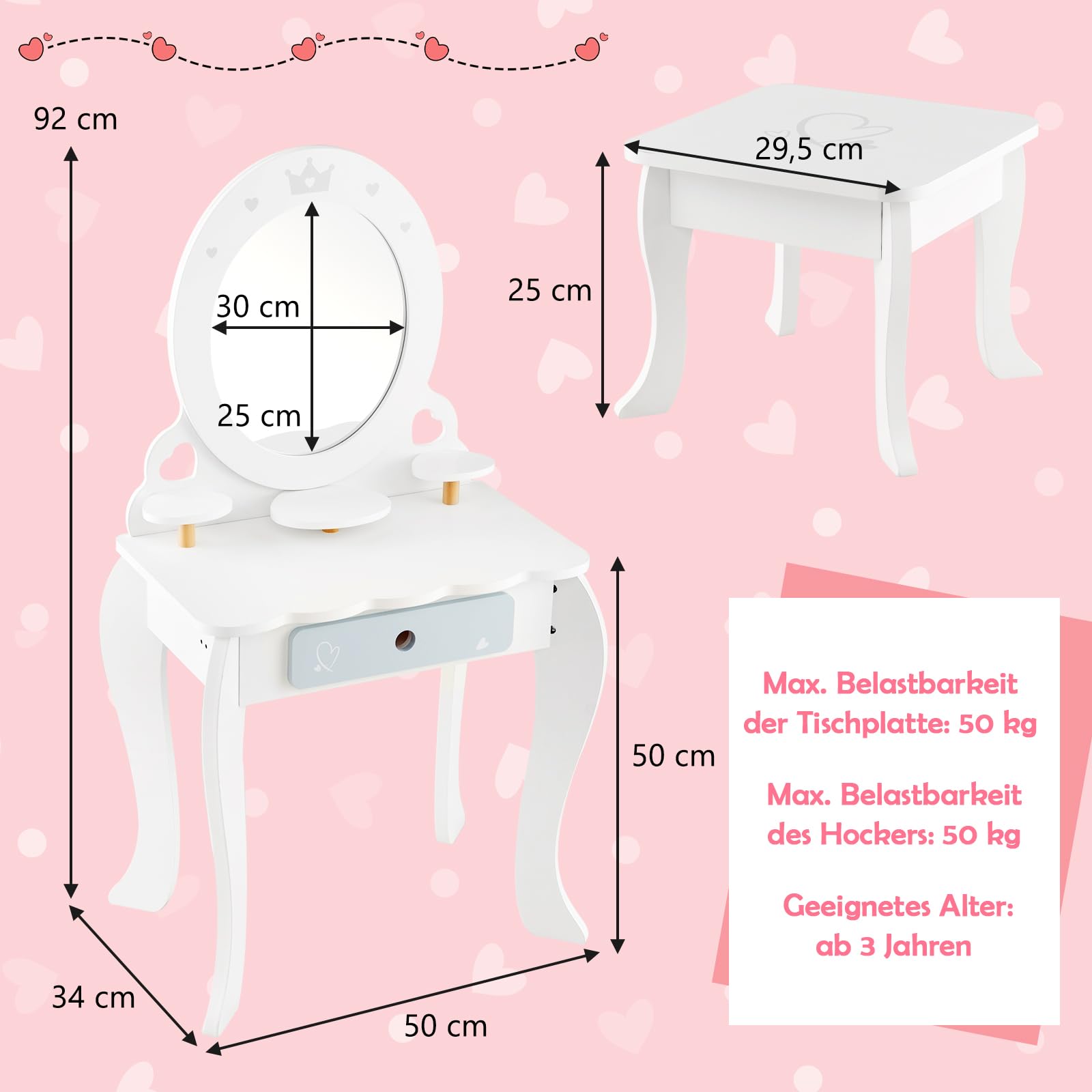 DREAMADE 2 in 1 Kinder Schminktisch mit 10 TLG. Spielzubehör und Hocker, Prinzessin Frisiertisch mit Schublade & 3 Ablagen, Kinderschminktisch aus Holz für Mädchen ab 3 Jahren, weiß