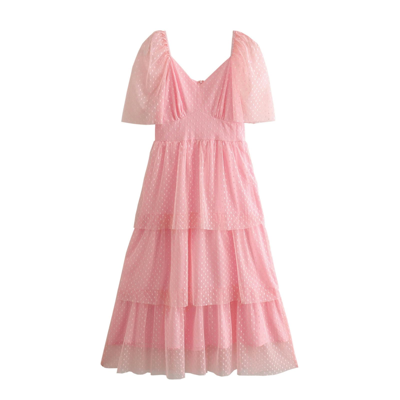 Robe d'été à col carré rose en maille multicouche et manches bouffantes taille M pour femme