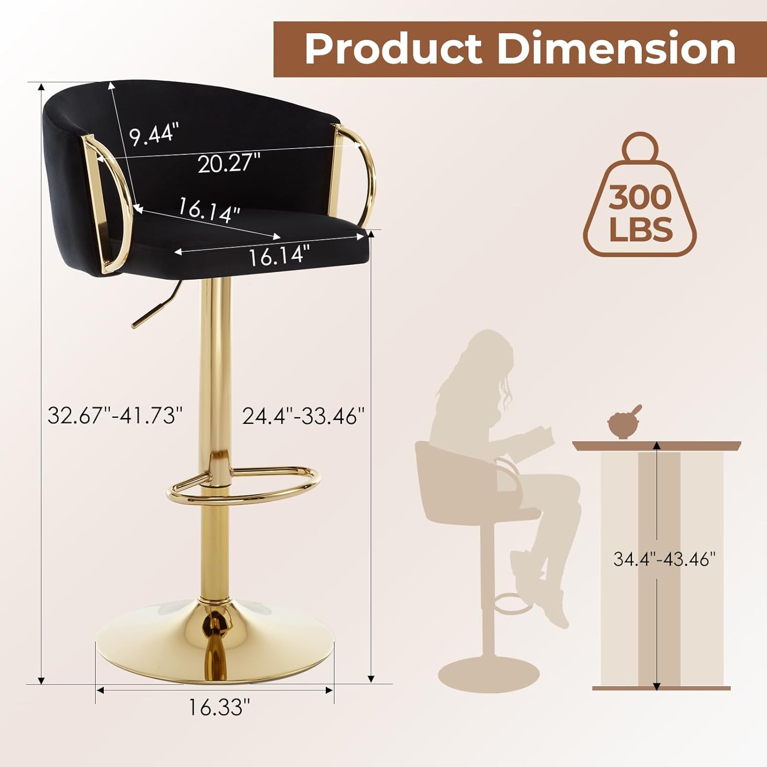 Velvet Gold Bar Stools Set of 2, Counter Height Bar Stools Velvet Low Back Chair with Golden Armrest Golden Big Base for Kitchen Island Home Bar(Black)