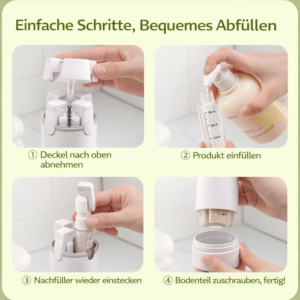 Cleanvo 4-In-1 Reise- & Gym-Spender, Cleanvo Duschsystem, Auslaufsicher Verschlossen, Tragbar, FüR Diverse Lotionen, Andere Pflegeprodukte Eignet (Weiß)