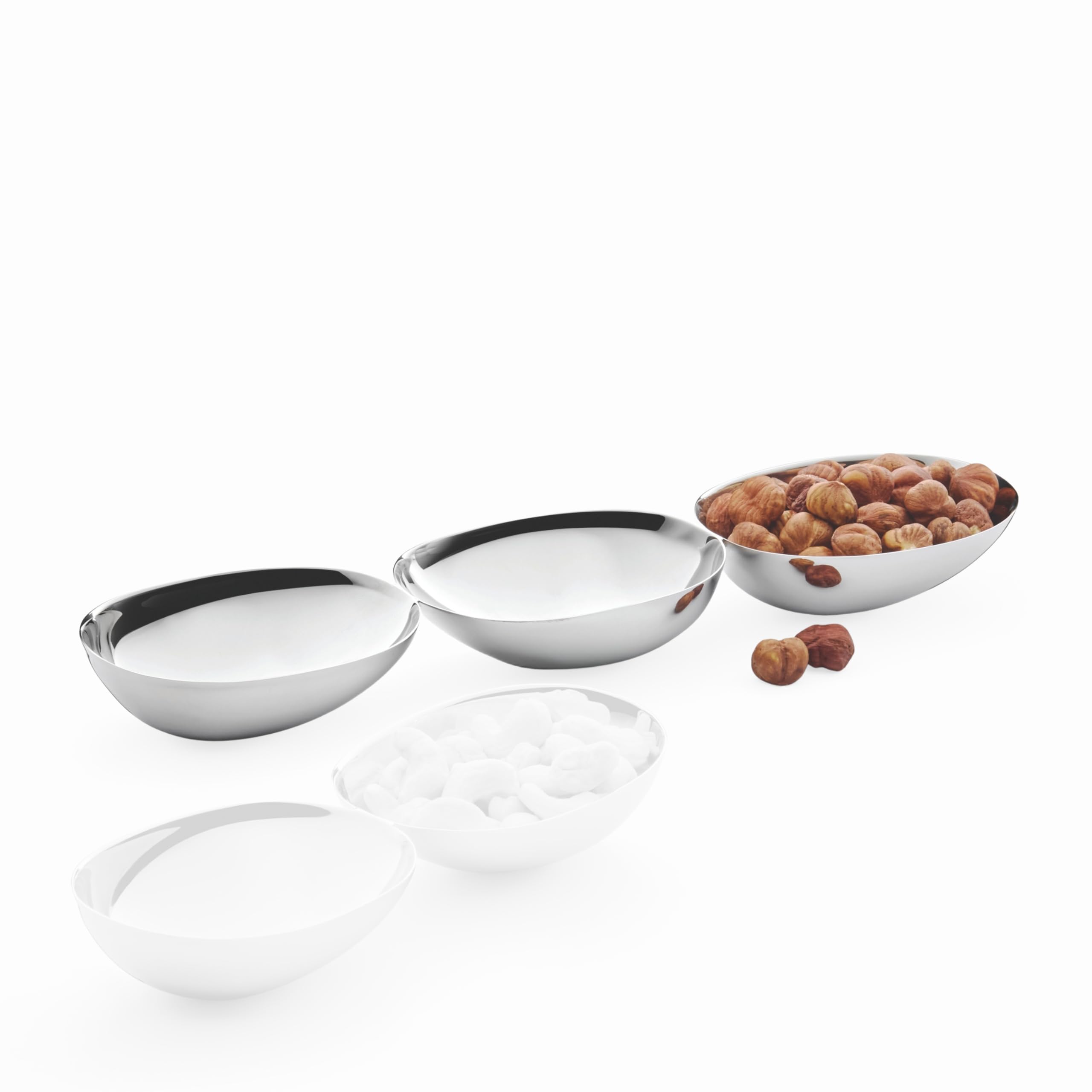 Philippi - PEBBLES - hochglanzpolierte Edelstahl-Schalen, Modern-Schlicht, Snack-Serviergeschirr, Duo & Trio Set, Silber, Multifunktional, Oval, für Oliven & Snacks (Trio)