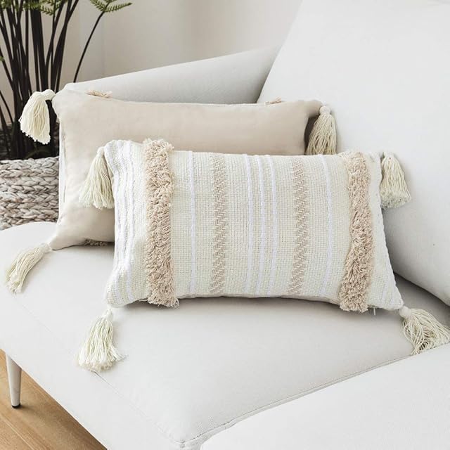 Decorative Boho Throw Pillow Cover,12x20 Beige Pillowcase for Couch Sofa Bed,Woven Tufted Cotton Cushion Case with Tassels for Living Room Office Car,30x50 Lumbar Pillow Beige and Yellowy