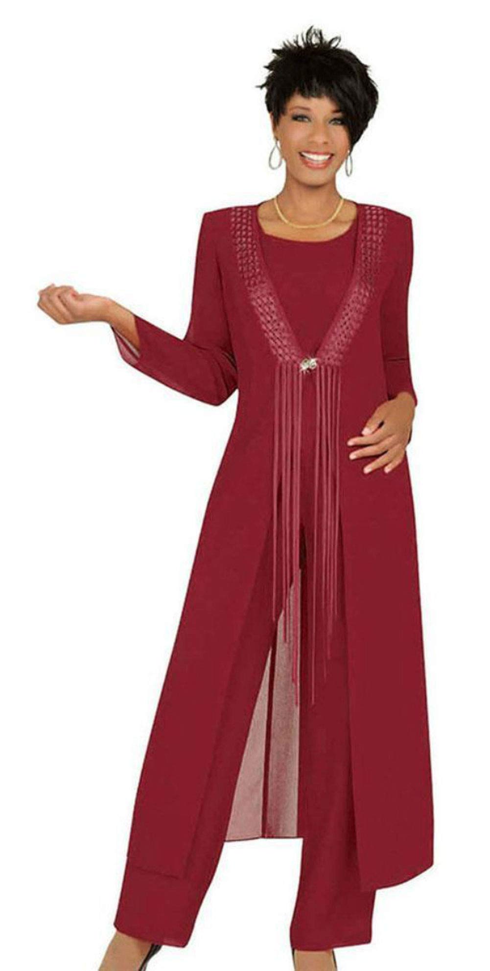 Botong Women's Burgundy 3 Pc Outfits With Tassels Chiffon Mother Of The Bride Pants Suit Prom Evening Dress Suit Uk18