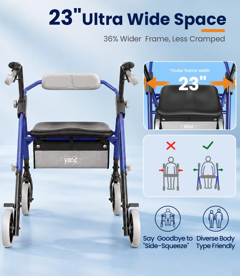 Image of VOCIC Z11 Rollator Walkers for Seniors with Seat, 500 LBS Load, Ultra Wide | High-capacity support, 23 inch wide frame, ergonomic seat, dual brakes, and slim fold for home, shopping & daily walks, Blue
