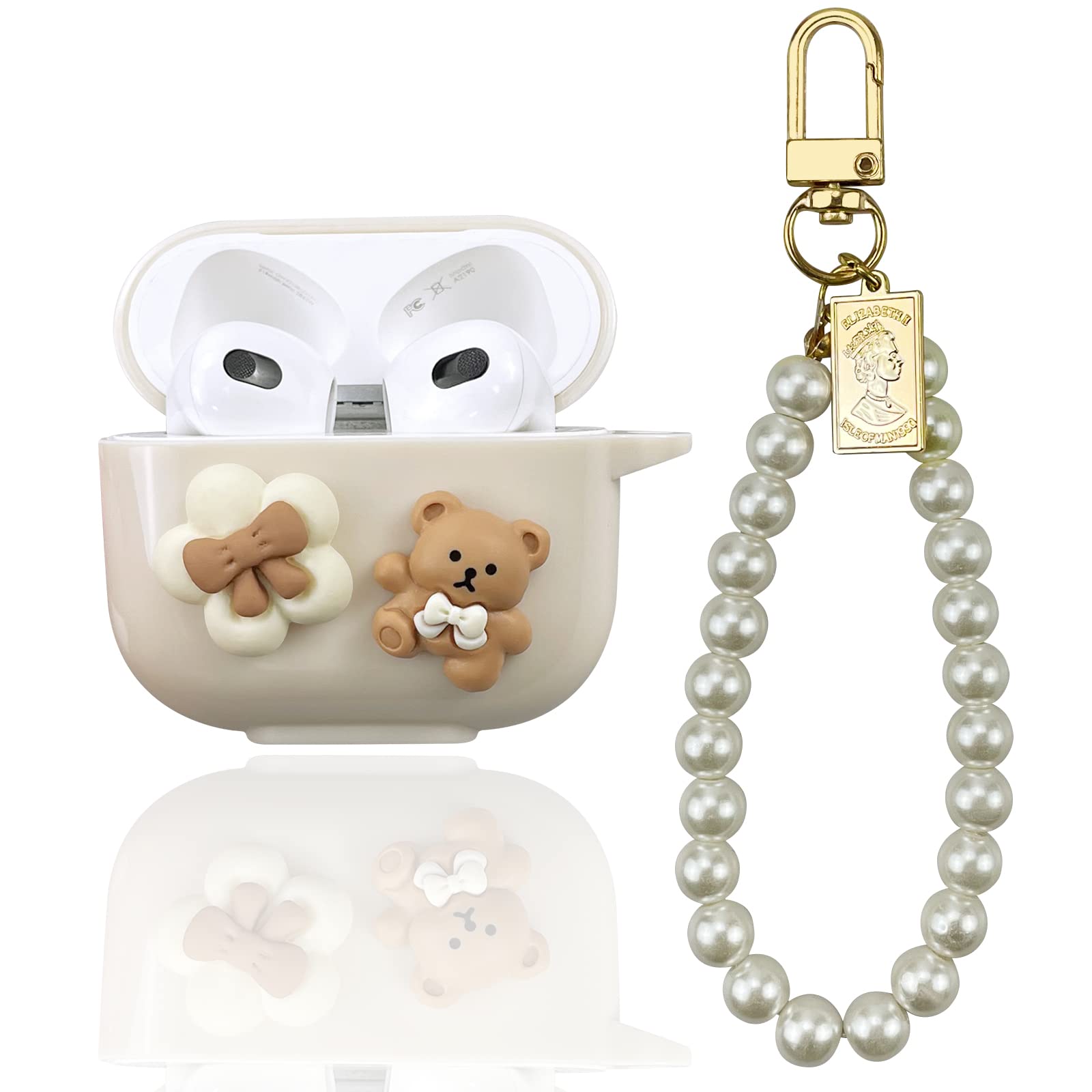 AIIEKZ Cute Kawaii AirPods 3 Case Cover 2021, Lovely Flower Bear Design Smooth Soft Protective Cover for AirPods 3rd Generation Case with Pearl Chain