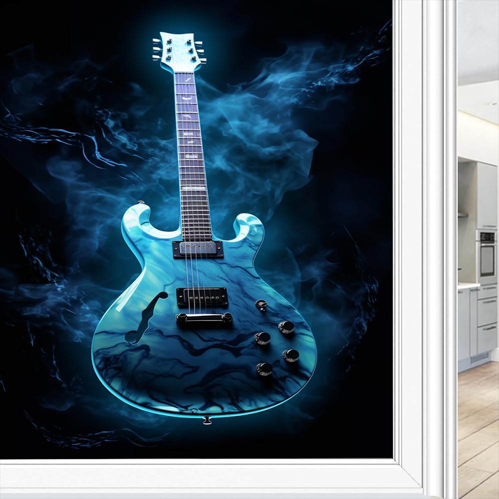 Vintage Guitar Stained Glass Window Film, Vintage Musical Instrument Decorative Frosted Glass Privacy Film, Heat Control Static Cling Window Sticker 45x60 cm