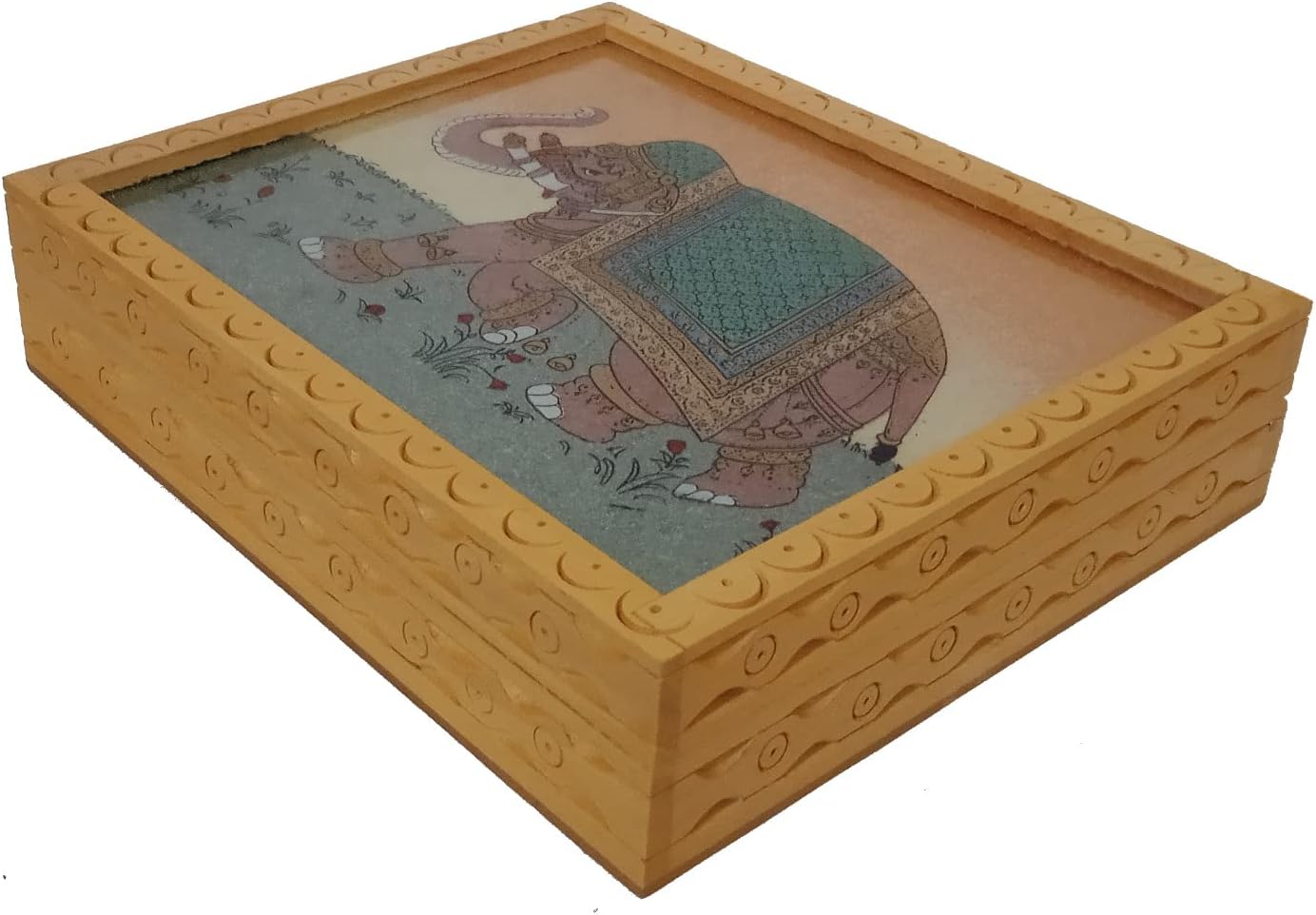 Purpledip Wooden Gemstone Painting Box Elephant: Collectible Souvenir Gift, 5 * 6 Inch (12522F)