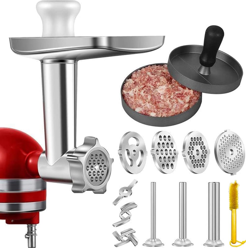 Accesorio picador de carne para batidora de pie Kitchenaid, con 3 cuernos para embutir salchichas, 3 cuchillas para picar, 4 discos para picar y prensa para hamburguesas (acero inoxidable)