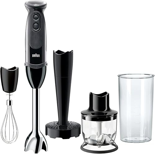 Braun Multiquick 5 Vario Batidora de mano (eje de mezcla S+picadora de 1.5 C + trituradora + batidor + vaso de precipitado), MQ5027, negro
