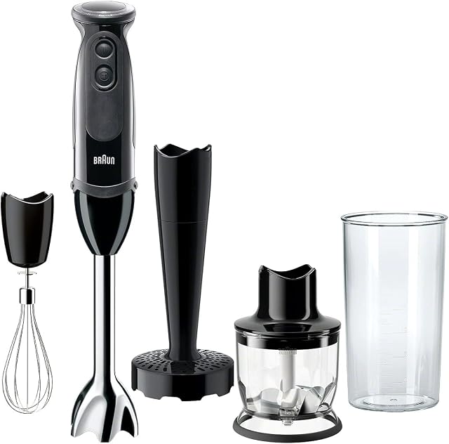 Mixeur plongeant Braun Multiquick 5 Vario (arbre de mélange SS + hachoir de 1,5 tasse + écraseur + fouet + bécher), MQ5027, noir
