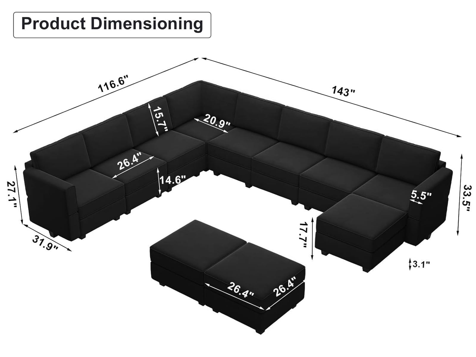 Belffin Modular Sectional Sofa with Storage Seat Oversized U Shaped Couch Velvet Modular Sofa Set with Ottoman Velvet Black