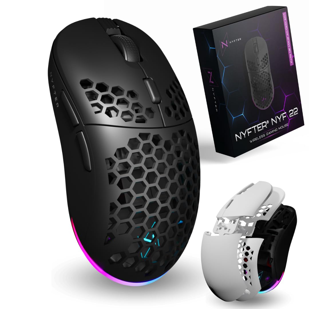 Nyfter - NYF22 Wireless Gaming Mouse Ultraligero 75g Potente con 400mA 19K DPI, 400 IPS 1000 Hz 50h Duración de la batería Duradera Dos Cases intercambiables Incluye