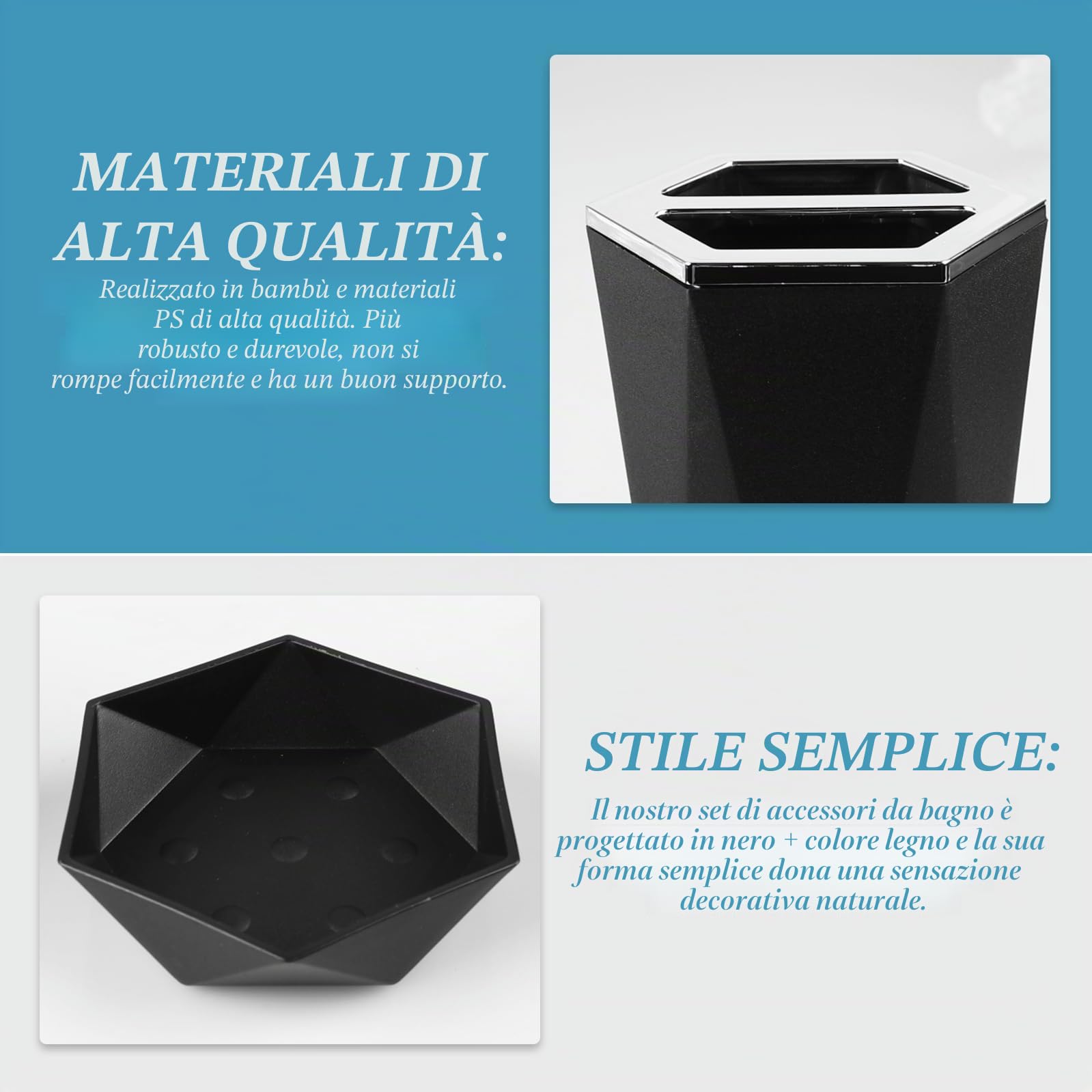 Set di 5 accessori da bagno, set di accessori da bagno in plastica con bicchiere per spazzolino, porta spazzolino, portapenne, portasapone, accessori da bagno, set regalo (nero)