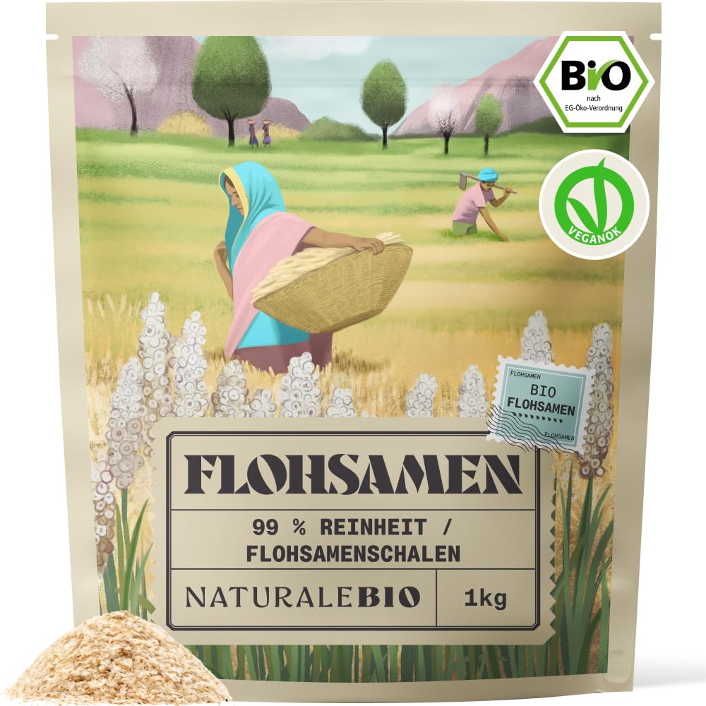 NaturaleBio Flohsamenschalen Gemahlen, 99% Reinheit, 1kg natürliche Flohsamen Bio
