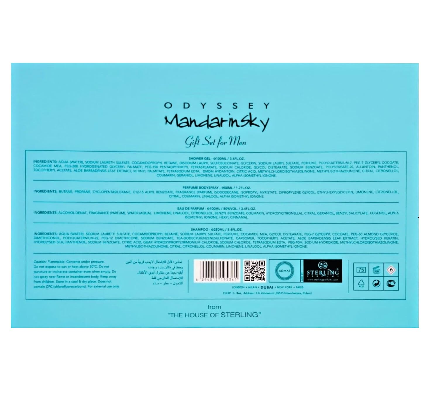 Armaf Odyssey Mandarin Sky – Citrus, Amber, Vanilla – 4-Piece Gift Set for Men (3.4 oz Eau de Parfum + 3.4 oz Shower Gel + 1.7 oz Body Spray + 8.4 oz Shampoo)