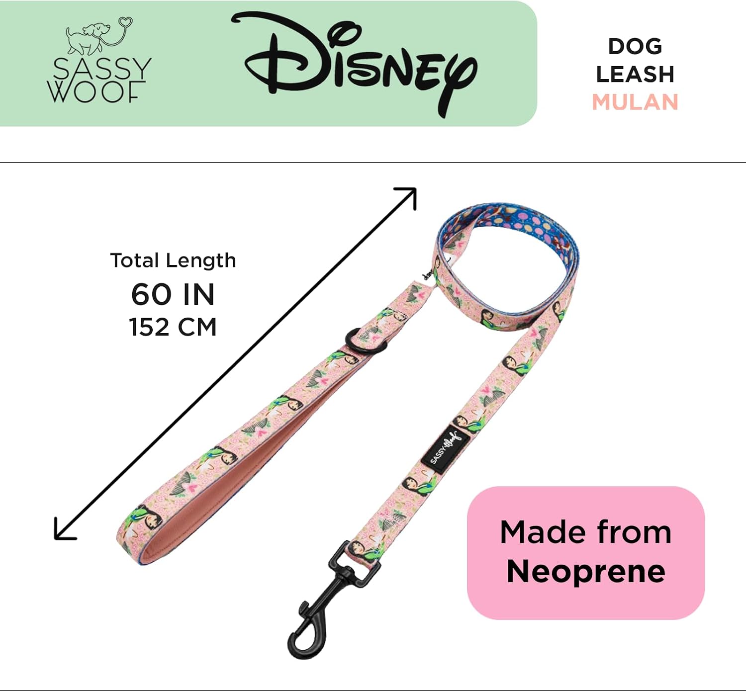 Sassy Woof Disney Princess Mulan Dog Leash 60-Inch with Neoprene Padded Handle - Comfortable, Durable, and Stylish for Small to Large Dogs - Officially Licensed