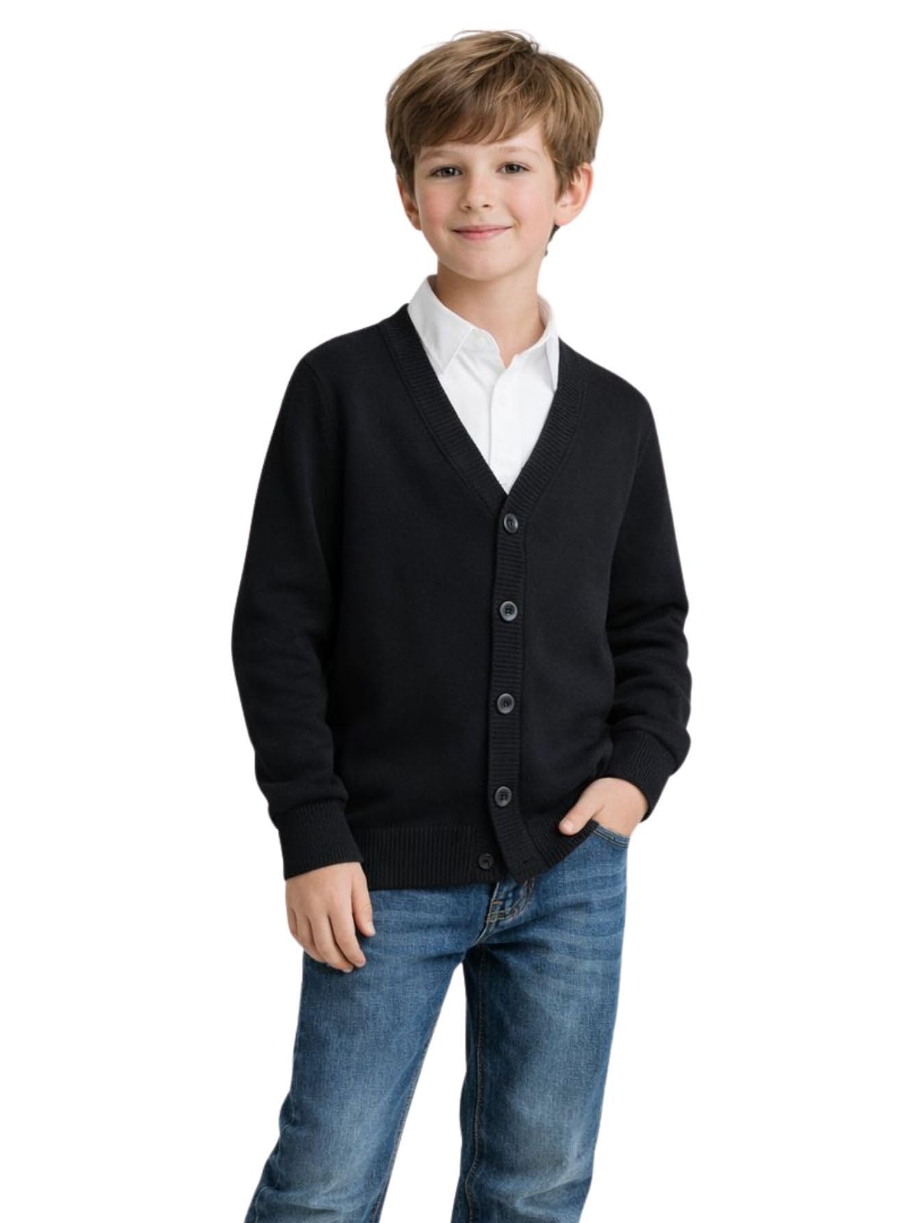HILEELANG Kids Boy Girl School Uniform Cardigan Sweaters V-Neck Basic Solid Button Knitted Cardigan