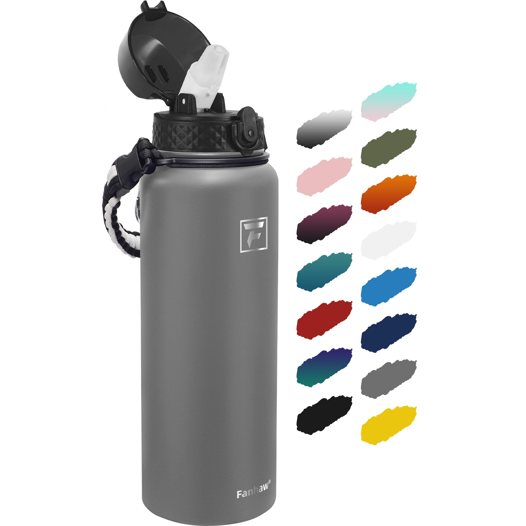 Fanhaw 40 Oz Stainless Steel Insulated Sports Water Bottles with Straw for Kids, Men and Women (Gray)