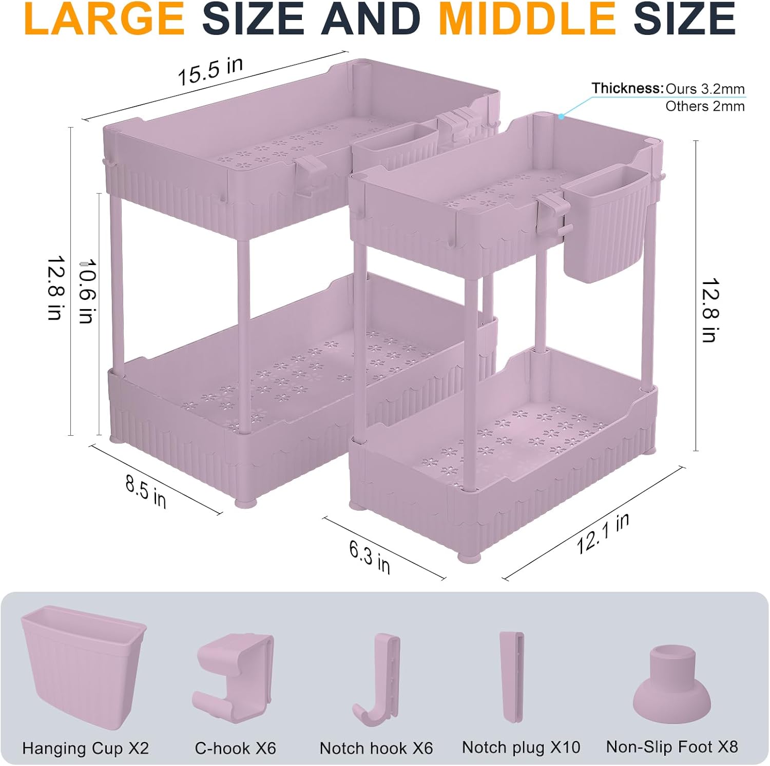 2 Pack Under Sink Organizer, Under Bathroom Cabinet Organizer with Hooks Hanging Cup, Multi-Purpose Storage Shelf for Kitchen Bathroom (Pink, L) - Image 5