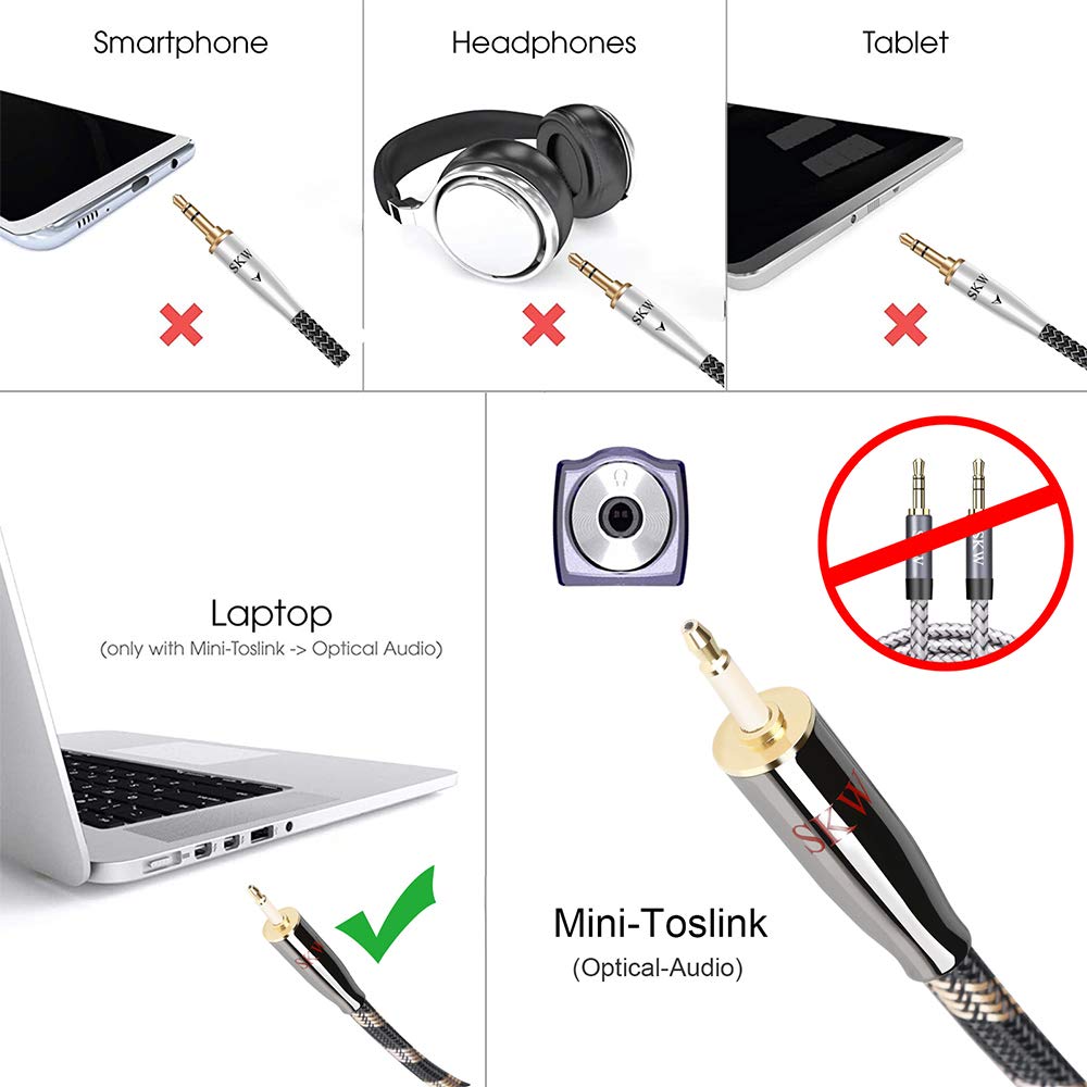 SKW Câble Optique Mini TOSLINK, Câble Optique Audio Numérique(S/PDIF), Transmet les signaux audio numériques à un TV/amplificateur/équipement HiFi (1M, noir)