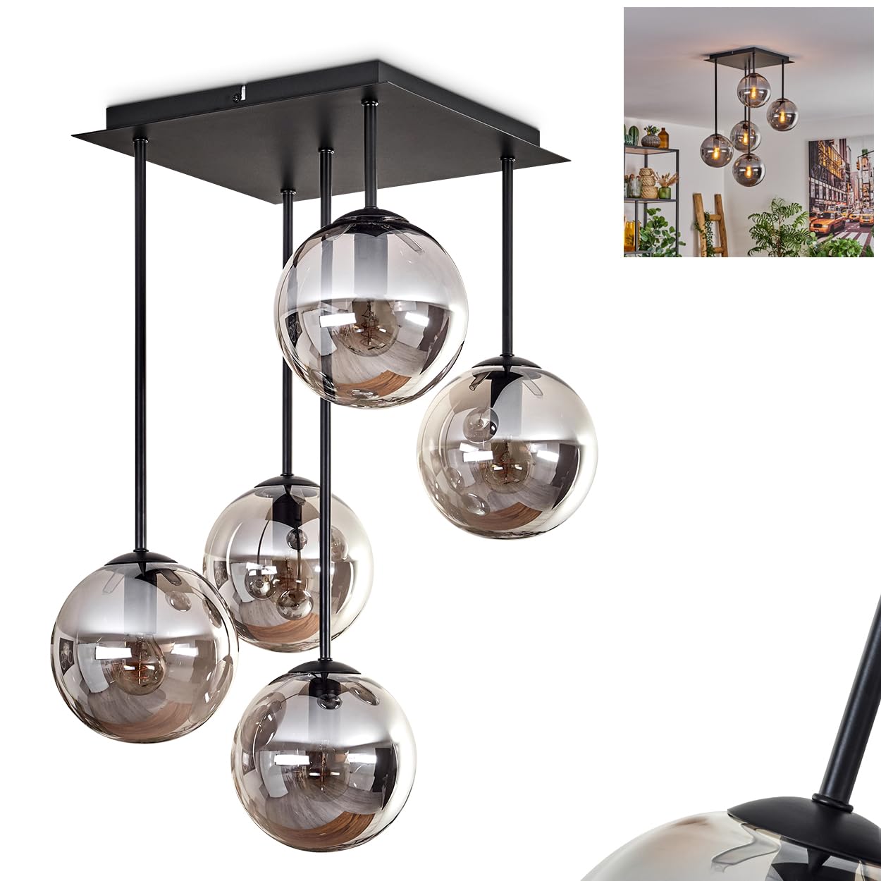 Hofstein Light/Black Gastor Ceiling Ceiling Lamp Made Of Metal/Glass In Black/Smoke Colour, Luminaire In Modern Retro/Vintage Design With Glass Shades (Ø 15 Cm), 5 X E14, Without Bulbs
