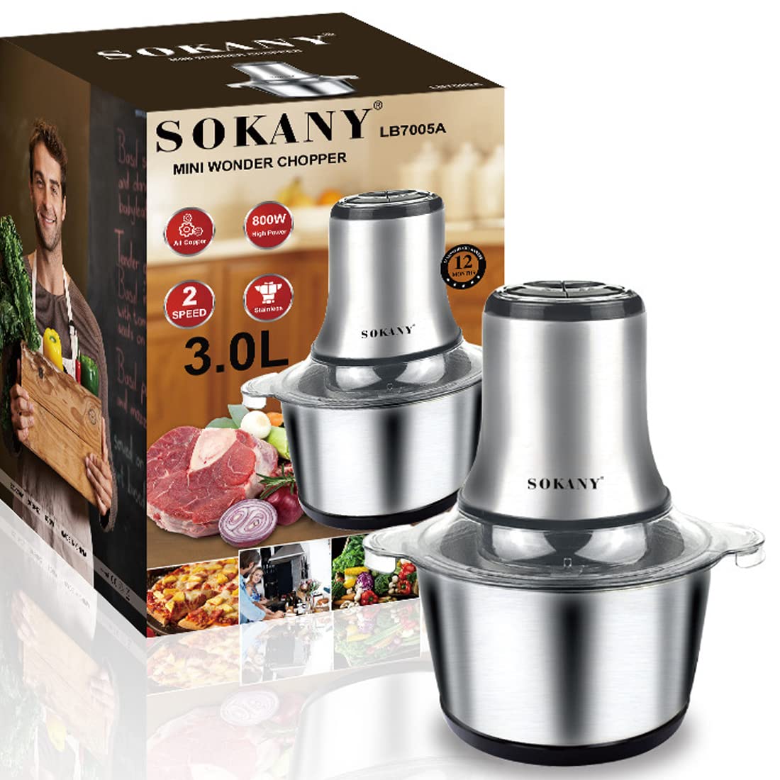 SOKANY 800W Zerkleinerer Küche Elektrisch mit 3L Edelstahlschüssel, Multizerkleinerer mit 2 Geschwindigkeitsstufen, Fleischwolf mit 4 Klingen für Fleisch, Zwiebeln, Obst, Gemüse