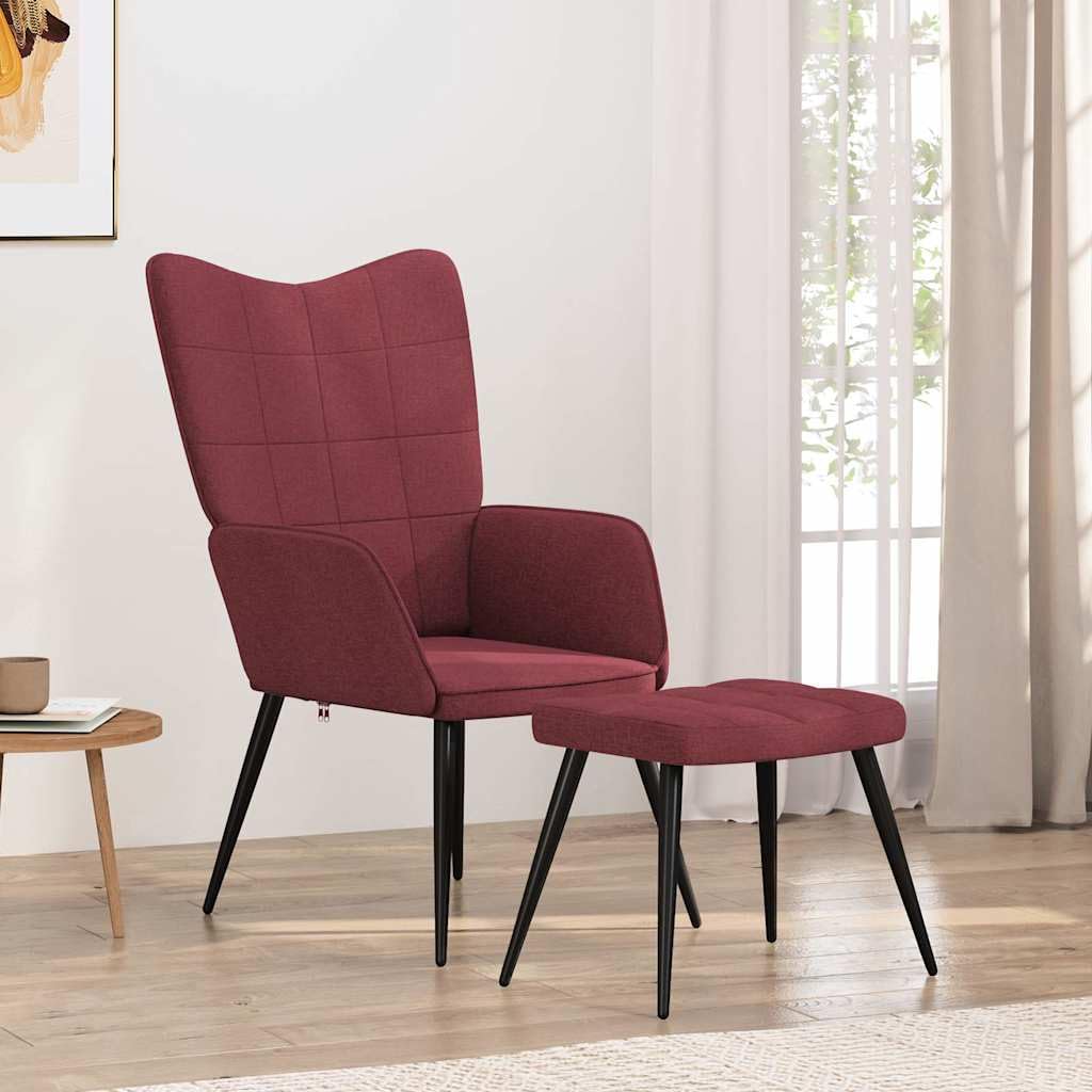 Sillón de relax con taburete, tejido rojo vino, 61 x 70 x 96,5 cm, moderno, cómodo asiento acolchado con patas de madera, para salón, dormitorio, oficina