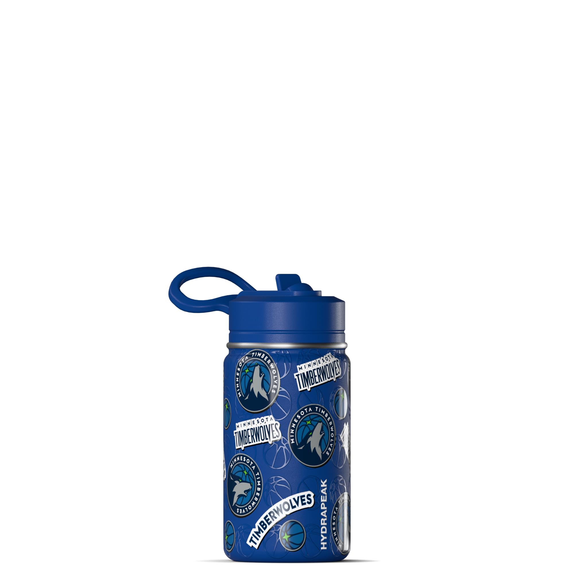 Hydrapeak NBA Minnesota Timberwolves Mini-Wasserflasche für Kinder, Edelstahl, mit Strohhalm-Deckel und flexiblem Griff, doppelwandig, isoliert, auslaufsicher, 400 ml