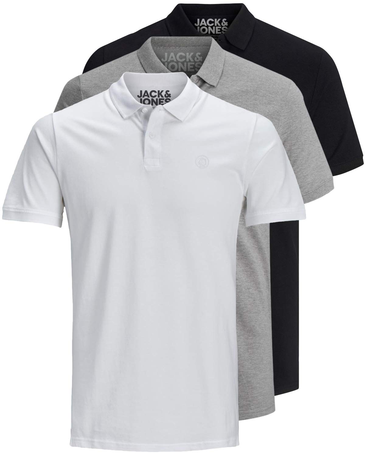 JACK & JONES 12171776 Lot de 3 polos slim fit à manches courtes pour homme, noir, blanc, bleu, gris, XS, S, M, L, XL, XXL