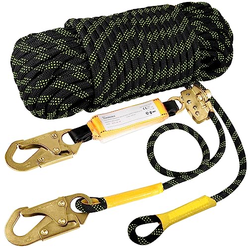trsmima rope harness safety lanyard150ft vertical roofing rope with grab snap hooks shock absorber - fall protection tree climbing line kit heavy duty roof safety equipment ansi ce