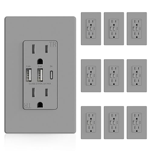 Miniatura 35 de ELEGRP Tomacorrientes USB, toma de pared de 3 puertos, toma eléctrica de 30 W 6.0 A, toma de corriente resistente a manipulaciones de 15 amperios