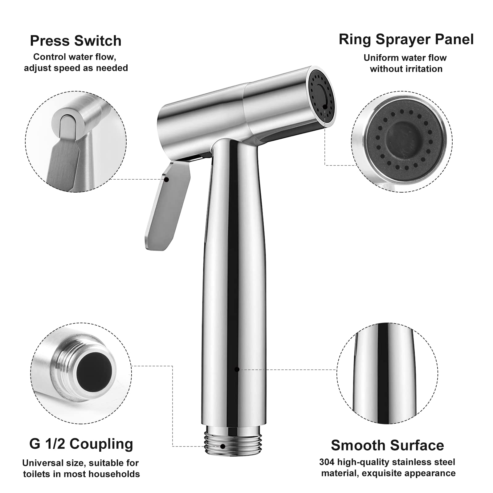 Stainless Steel Bidet Sprayer, Handheld Toilet Bathroom Shattaf Shower - Cleaning & Personal Hygiene, Silver - Image 3