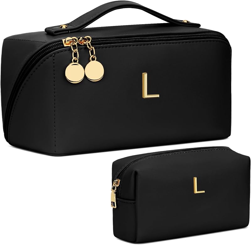 Necessaire de maquiagem CLOUDWINGS personalizada com inicial e bolsa auxiliar, preta, tamanho L