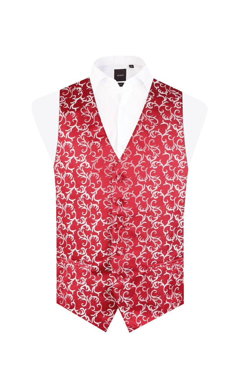 Dobell Mens Red/Silver Waistcoat Regular Fit 5 Button Edwardian Swirl Jacquard Pattern-2XL (50-52in)