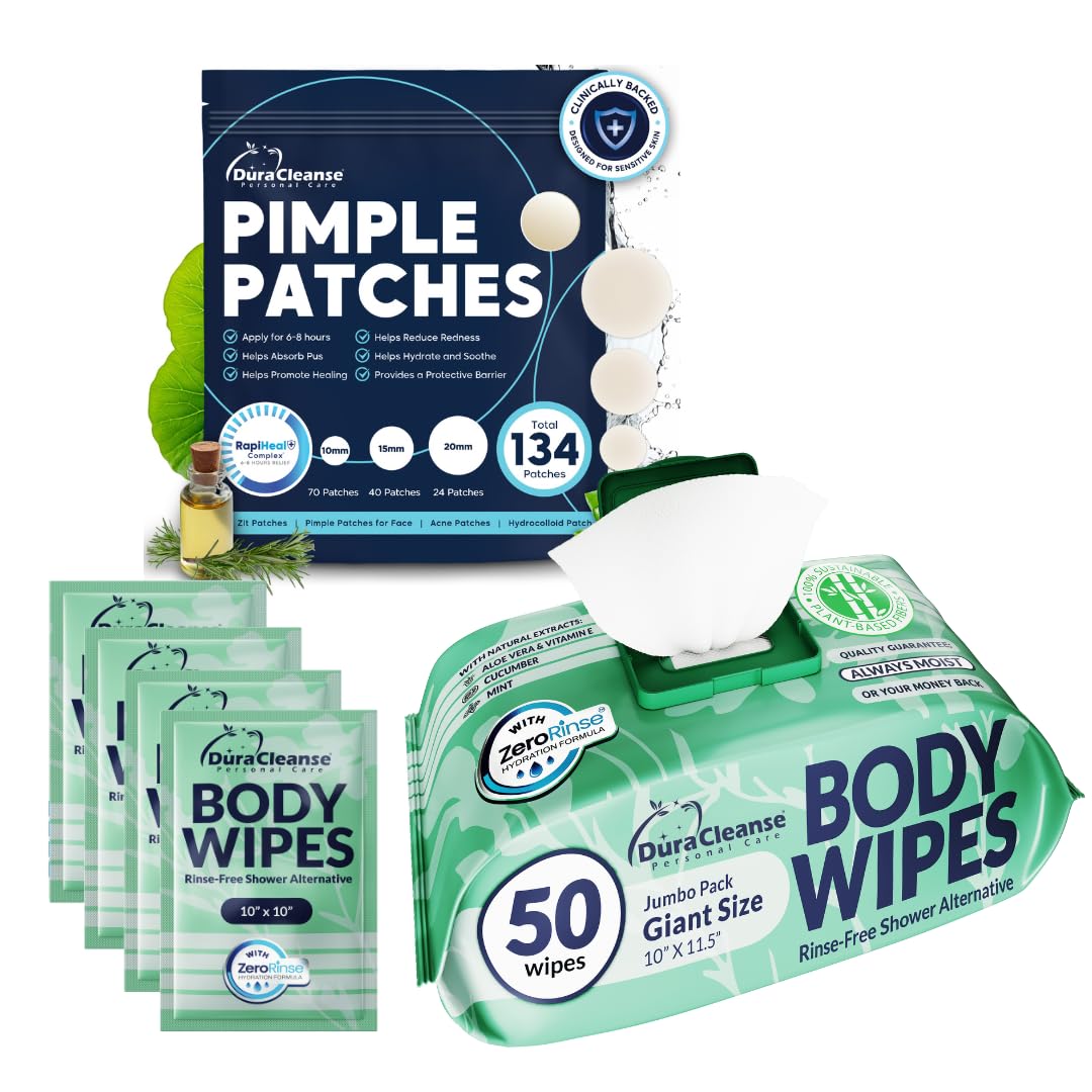 Dura Cleanse Pimple Patch 134 Hydrocolloid Dots Body Wipes Women 50 Count - Rinse Free Extra Large Wipes