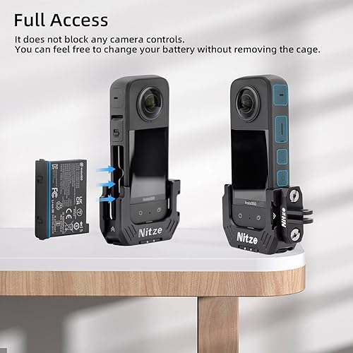 Miniatura 5 de Nitze Media jaula para Insta 360 X3, con agujeros roscados de 14" y agujeros de ubicación, zapatas frías dobles y adaptadores de dedo plegables -