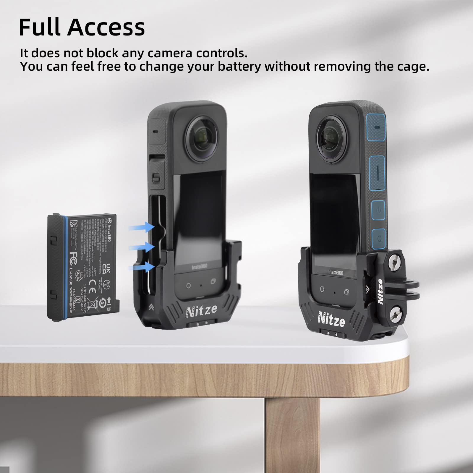 Nitze 360 X3 Gabbia per Insta360 X3, Alluminio Cage per Fotocamera con Fori Filettati da 1/4" e Fori di Posizionamento, con Adattatori Pieghevoli per le Dita e Doppie Cold Shoe - T-IN01A