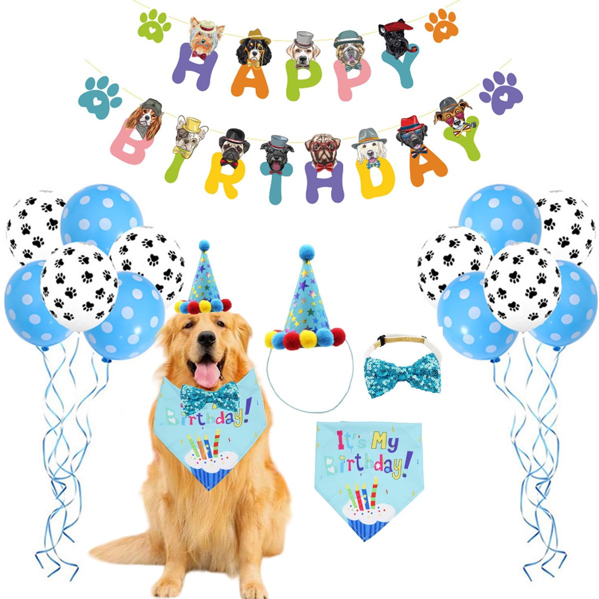 ZSYADSDH Dog Party Decorations,Blue Pets Birthday Party Supplies Set Include Birthday Hat, Bandana, Cute Bow Tie, Happy Birthday Banner, Dog Balloons