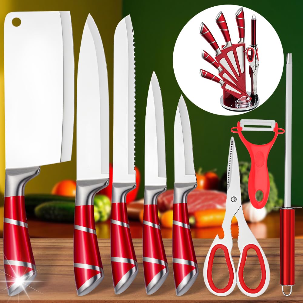 KEPEAK Set de Couteaux de Cuisine 9 Pièces avec Bloc Acrylique Rotatif – Couteaux de Chef Tranchants en Acier Inoxydable avec Fusil à Aiguiser – Pour Couper, Hacher, Émincer – Rouge