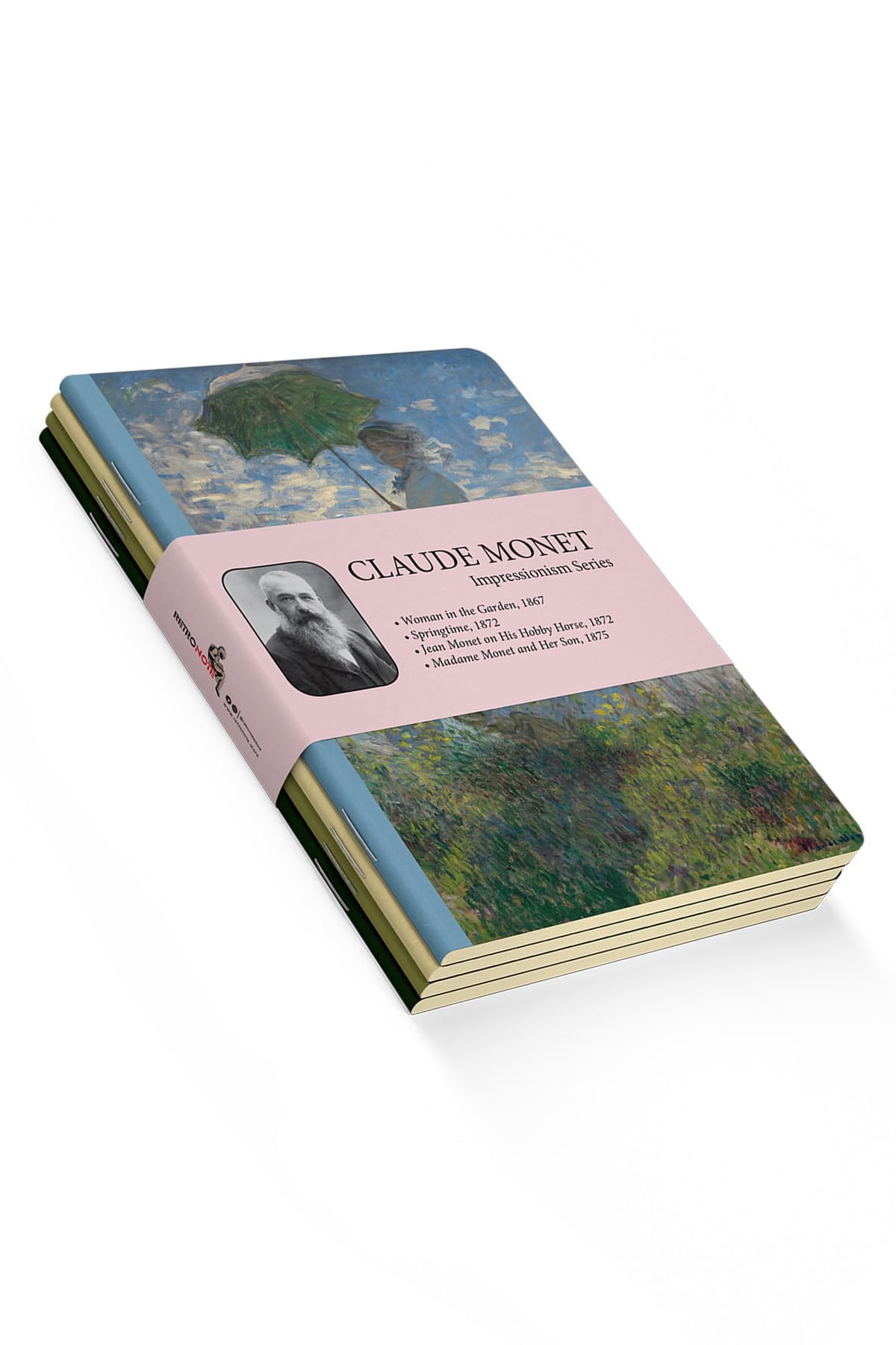 Retronote Seria impresjonizmu - A6, Claude Monet zestaw 4 szt., bez podszewki, łącznie 192 strony, 48 stron każda, szwy druciane, elastyczna okładka, owalna krawędź, tekstura płótna, 60 g, kolor żółty