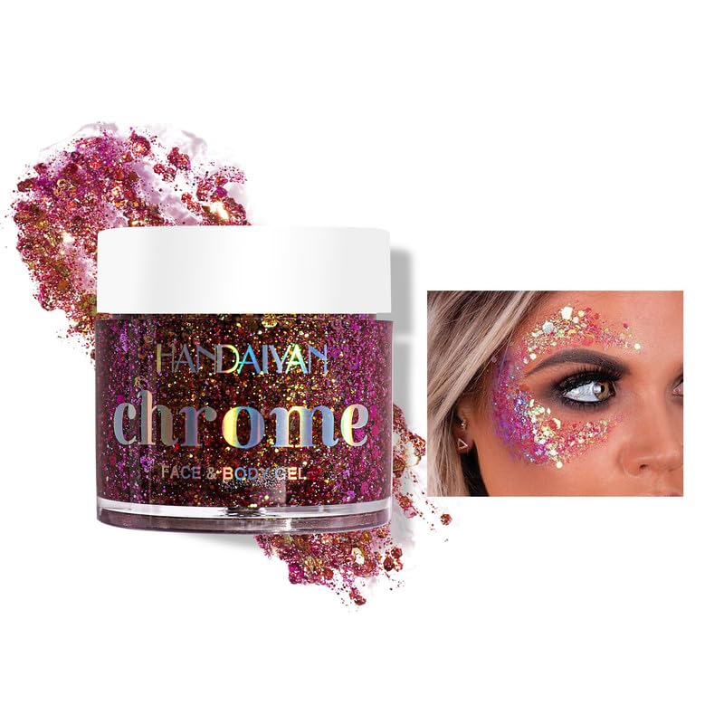 AKARY Rose Body Glitter Gel, Holographic Glitter Hair Gel, Color Changing Mermaid Glitter for Body Face Hair, Quick-Drying and Long-Lasting Shiny Sequins Gel for Festival Halloween, 1.13 oz, 05