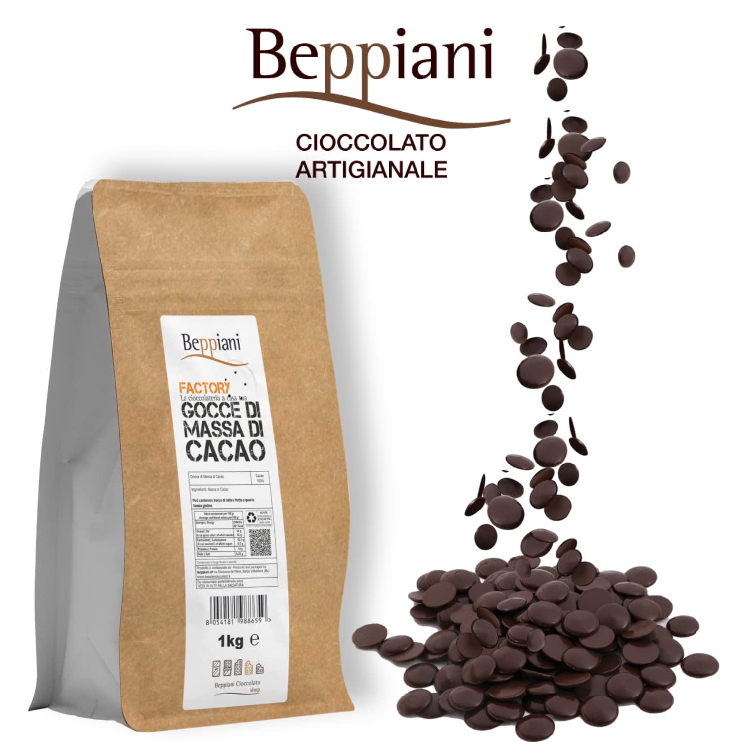 Beppiani 100% Massa di Cacao 1kg in bottoni, gocce, cioccolato artigianale fondente 100 per cento vegano senza zucchero, ricca di antiossidanti, per diete bilanciate - Made in Italy