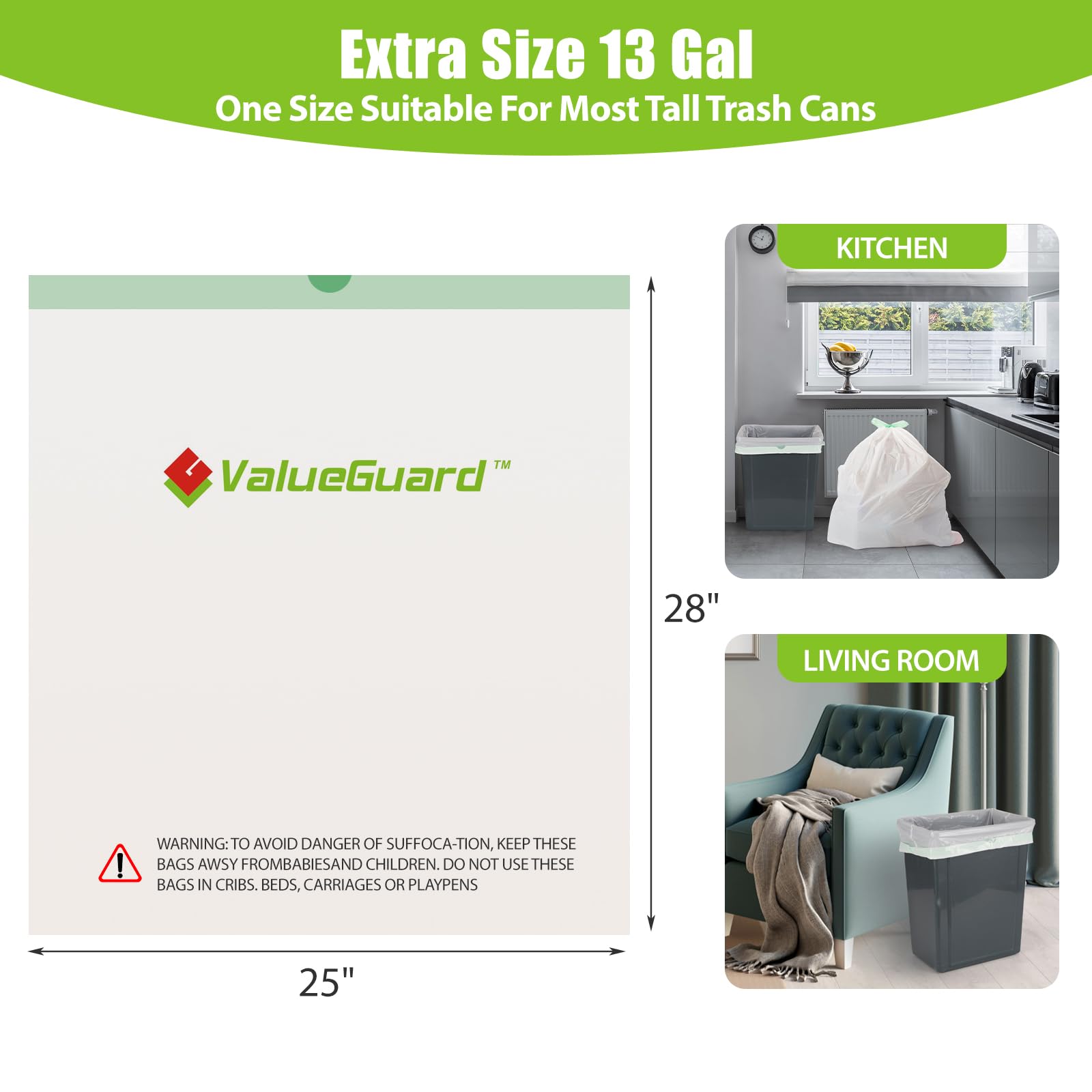 ValueGuard Bolsa de basura grande de 13 galones, ultra fuerte, con cordón alto, reciclada, estándar, para cocina, oficina, 0.6 mil (110 unidades)