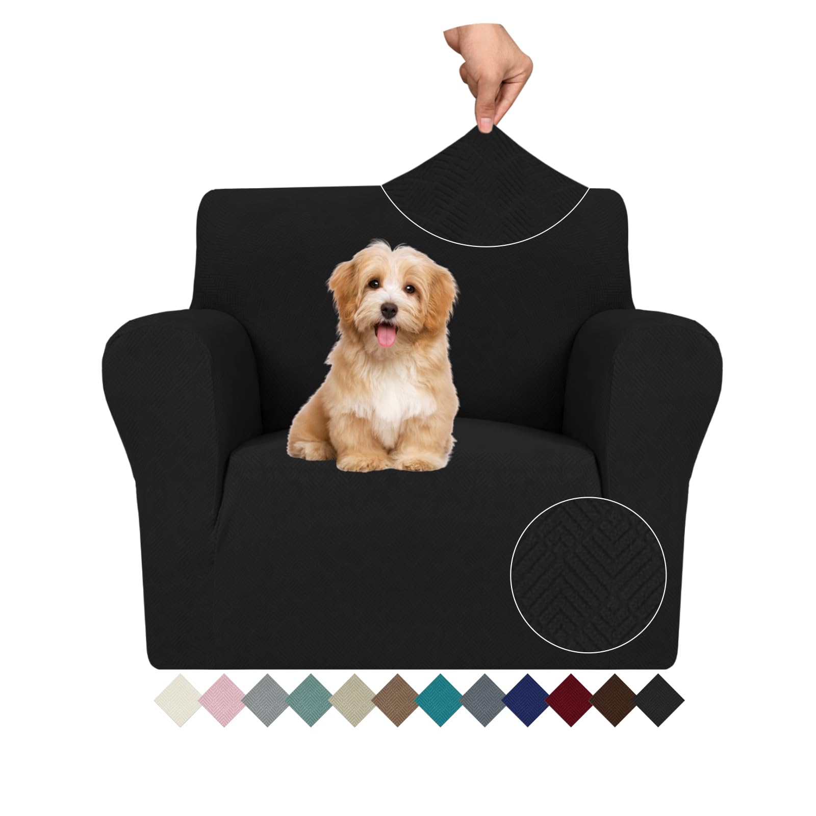 JIVINERStretch Armchair Slipcovers, 1 Piece Chair Sofa Covers 1 Seater Couch Covers with Elastic Bottom for Kids, Pets (Black, Chair)