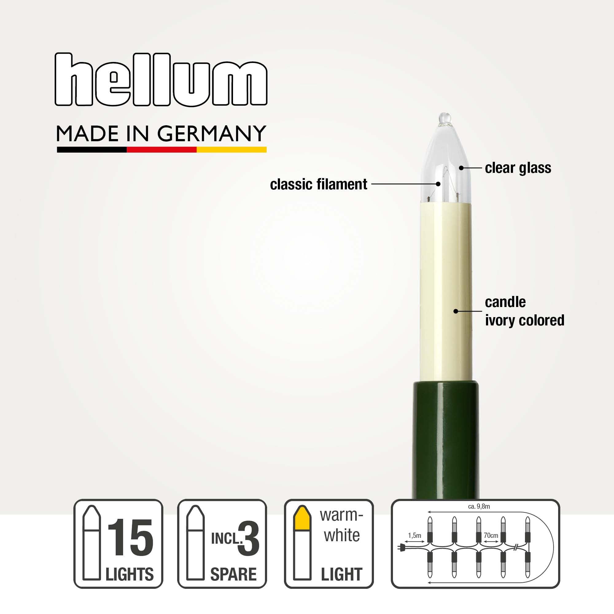 Hellum guirlande sapin, made in Germany, bougies à clip, 15 lampes, longueur 9,8 m, câble vert, blanc chaud, intérieur, prise séparable, 3 bougies de rechange, sans LED <59 lm 430059
