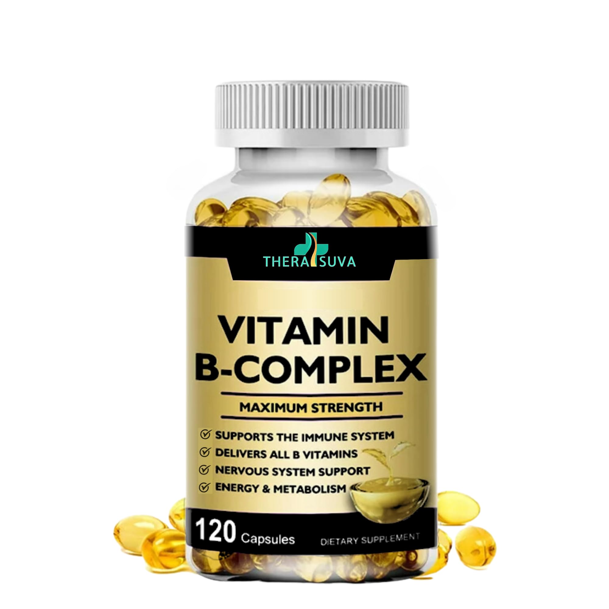 Vitamin B-Complex + CoQ10 + Vitamin C - Max Strength Supplement for Energy, Metabolism Support, 120 Softgels, 60 Day Supply
