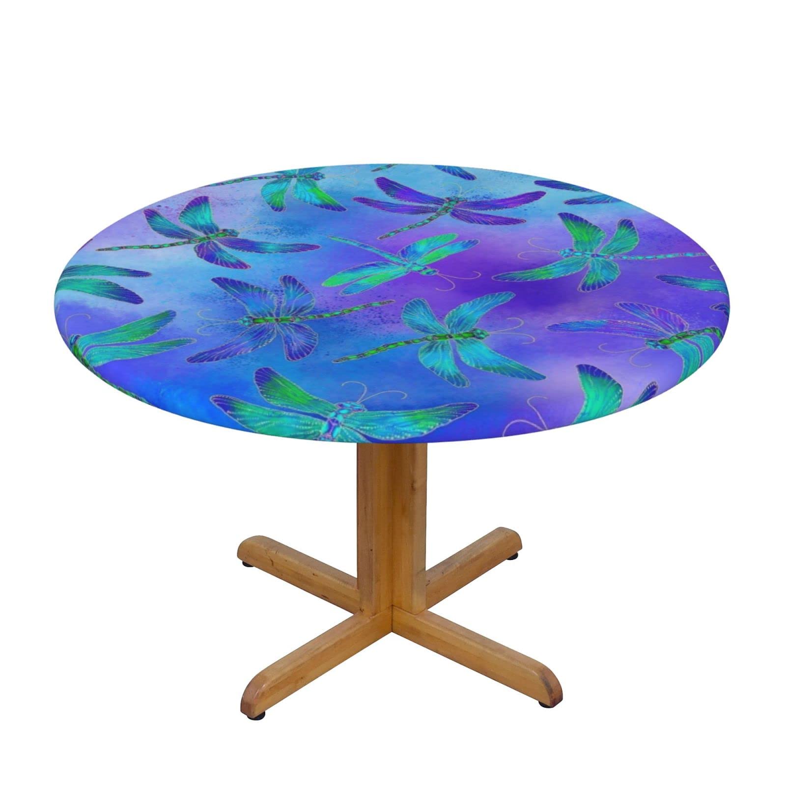 Lsjuee Round Fitted Tablecloth 45-50in Elastic Edged Table Cloth for Kitchen Dining Party Home Decor - Neon Dragonfly Purple Blue
